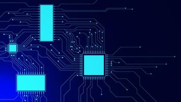 Blue circuit board with microchip processor. Big data visualization. Quantum computer and digital technology concept on dark blue background. Vector illustration.