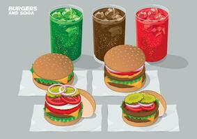 muchos tipo de hamburguesas y soda bebidas vector