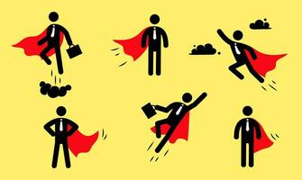 Superhero business pictogram man icon set. Superhero businessman flying stick figure. Victory worker, employer pictogram person vector