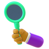 3D render of a cartoon hand icon holding a magnifying glass png