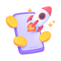 3D rocket flying from a mobile phone with gold coins Ideas for investing in risky assets. png