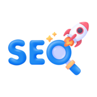 3D rocket rising above SEO text. Magnifying glass. Web browsing concept for business development. png