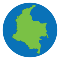 Colombia map. Map of Colombia in green color in globe design with blue circle color. png