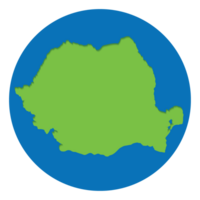 Romania map. Map of Romania in green color in globe design with blue circle color. png