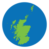 Scotland map. Map of Scotland in green color in globe design with blue circle color. png