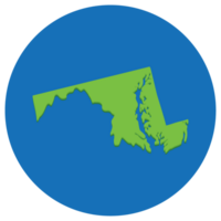 Maryland state map in globe shape green with blue circle color. Map of the U.S. state of Maryland. png