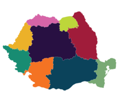 Romania map. Map of Romania in nine mains regions in multicolor png