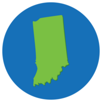 Indiana state map in globe shape green with blue circle color. Map of the U.S. state of Indiana. png