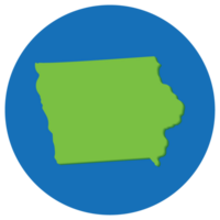 Iowa state map in globe shape green with blue circle color. Map of the U.S. state of Iowa. png