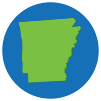 Arkansas state map in globe shape green with blue circle color. Map of the US state of Arkansas. png