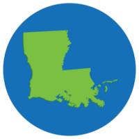 Louisiana state map in globe shape green with blue circle color. Map of the U.S. state of Louisiana. png