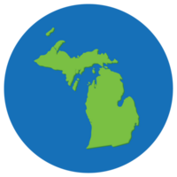 Michigan state map in globe shape green with blue round circle color. Map of the U.S. state of Michigan. png