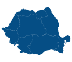 Romania map. Map of Romania in nine mains regions in blue color png