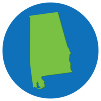 Map of Alabama in green with blue circle color. Alabama map globe shape. png