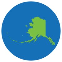 Alaska state map in globe shape green with blue circle color. png