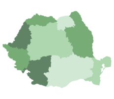 Romania map. Map of Romania in nine mains regions in multicolor png
