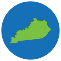 Kentucky state map in globe shape green with blue circle color. Map of the U.S. state of Kentucky. png