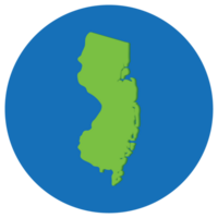 New Jersey state map in globe shape green with blue round circle color. Map of the U.S. state of New Jersey. png