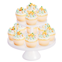 Easter holiday dessert Carrot cupcakes with stand on transparent background, 3D rendering png