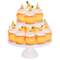 Easter holiday dessert Carrot cupcakes with stand on transparent background, 3D rendering png