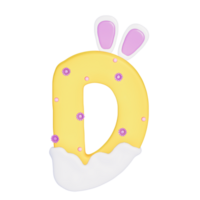 Easter bunny holiday alphabet D with cute decoration on transparent background , 3D Rendering png