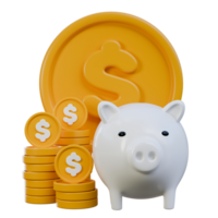 3d money saving stack coin with white piggy bank png