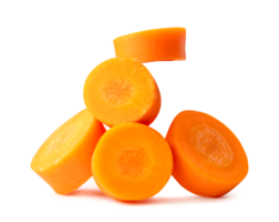 Front view of beautiful orange carrot slices in stack isolated with clipping path and shadow in png file format