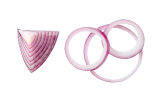 Top view of fresh red or purple onion ring slices isolated  with clipping path in png file format