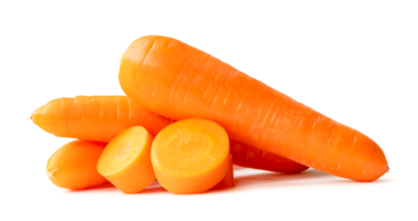 Two fresh orange carrots with slices in stack isolated with clipping path and shadow in png file format. Close up of healthy vegetable root