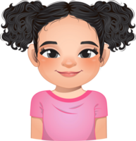 pequeno menina face, avatar, criança cabeça com grandes encaracolado cabelo e pão Penteado ou lado gravata Penteado desenho animado png