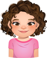 Little girl face, avatar, kid head with curly short hair cartoon PNG