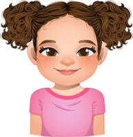 Little girl face, avatar, kid head with long curly hair and bun hairstyle or side tie hairstyle cartoon PNG