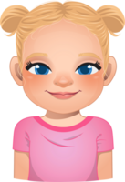 Little girl face, avatar, kid head with long curly hair and bun hairstyle cartoon PNG