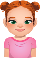 Little girl face, avatar, kid head with long curly hair and bun hairstyle cartoon PNG