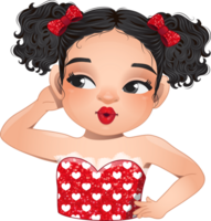 Cute girl rolling her eyes, brown and black curly hair hairstyle. Sexy red lip makeup cartoon character png