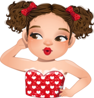 Cute girl rolling her eyes, brown and black curly hair hairstyle. Sexy red lip makeup cartoon character png