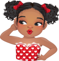 Cute American African girl rolling her eyes, brown and black curly hair hairstyle. Sexy red lip makeup cartoon character png
