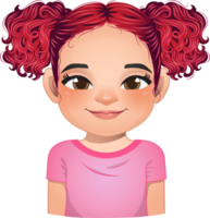 Little girl face, avatar, kid head with long curly hair and bun hairstyle or side tie hairstyle cartoon PNG