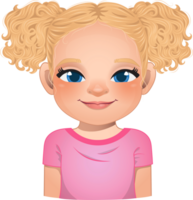 Little girl face, avatar, kid head with long curly hair and bun hairstyle or side tie hairstyle cartoon PNG