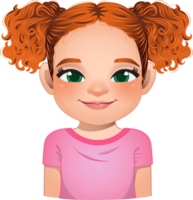 Little girl face, avatar, kid head with long curly hair and bun hairstyle or side tie hairstyle cartoon PNG