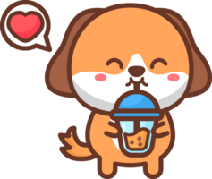 Cute puppy dog loves drink bubble tea cartoon illustration png