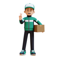3D Delivery Man Character Giving Peace Hand Sign Pose with Parcel Box png