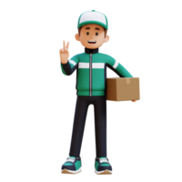 3d Lieferung Mann Charakter geben Frieden Hand Zeichen Pose mit Paket Box png