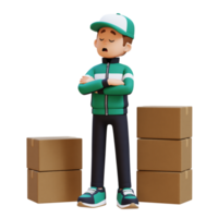 3D Delivery Man Character in Denial or Dissatisfaction Pose with Parcel Box png