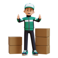 3D Delivery Man Character Giving Thumbs Up Pose with Parcel Box png