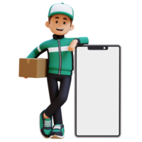 3D Delivery Man Character Lying on Large Empty Phone Screen and Carrying Parcel Box png