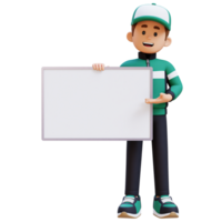 3D Delivery Man Character Presenting on Blank Placard png