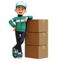 3D Delivery Man Character  Lying on Pile of Box png