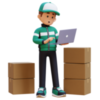 3D Delivery Man Character Working on Laptop with Parcel Box png
