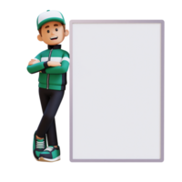 3D Delivery Man Character Lying on Blank Placard in Crossed Arm Pose png